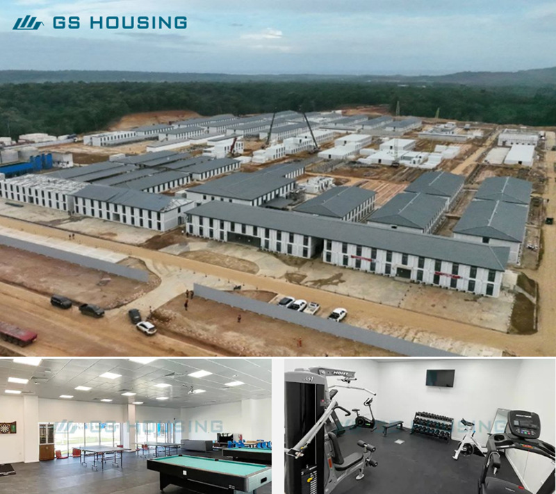 Modular container house camp layout with dormitories, offices, and service zones